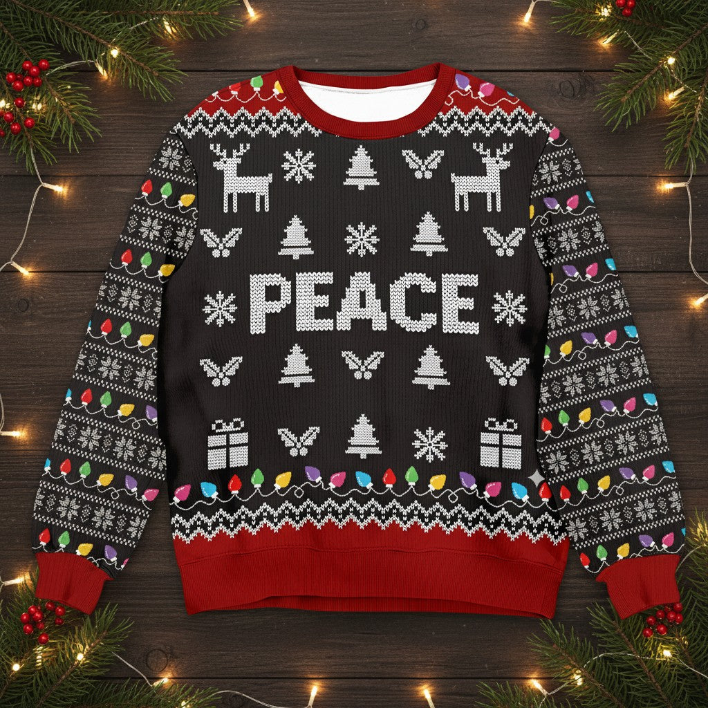PEACE Christmas Sweater – Holiday Reindeer & Lights Design