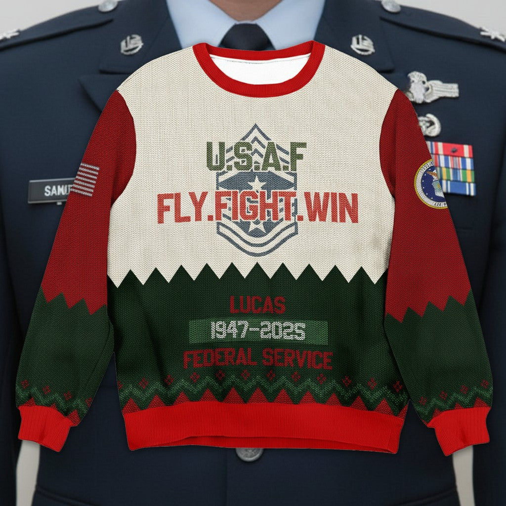 USAF Fly Fight Win Ugly Christmas Sweater – Personalized Air Force Veteran Federal Service Gift
