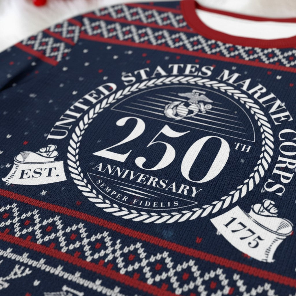 US Marine Corps 250th Anniversary Ugly Christmas Sweater - Patriotic Veteran Holiday Gift