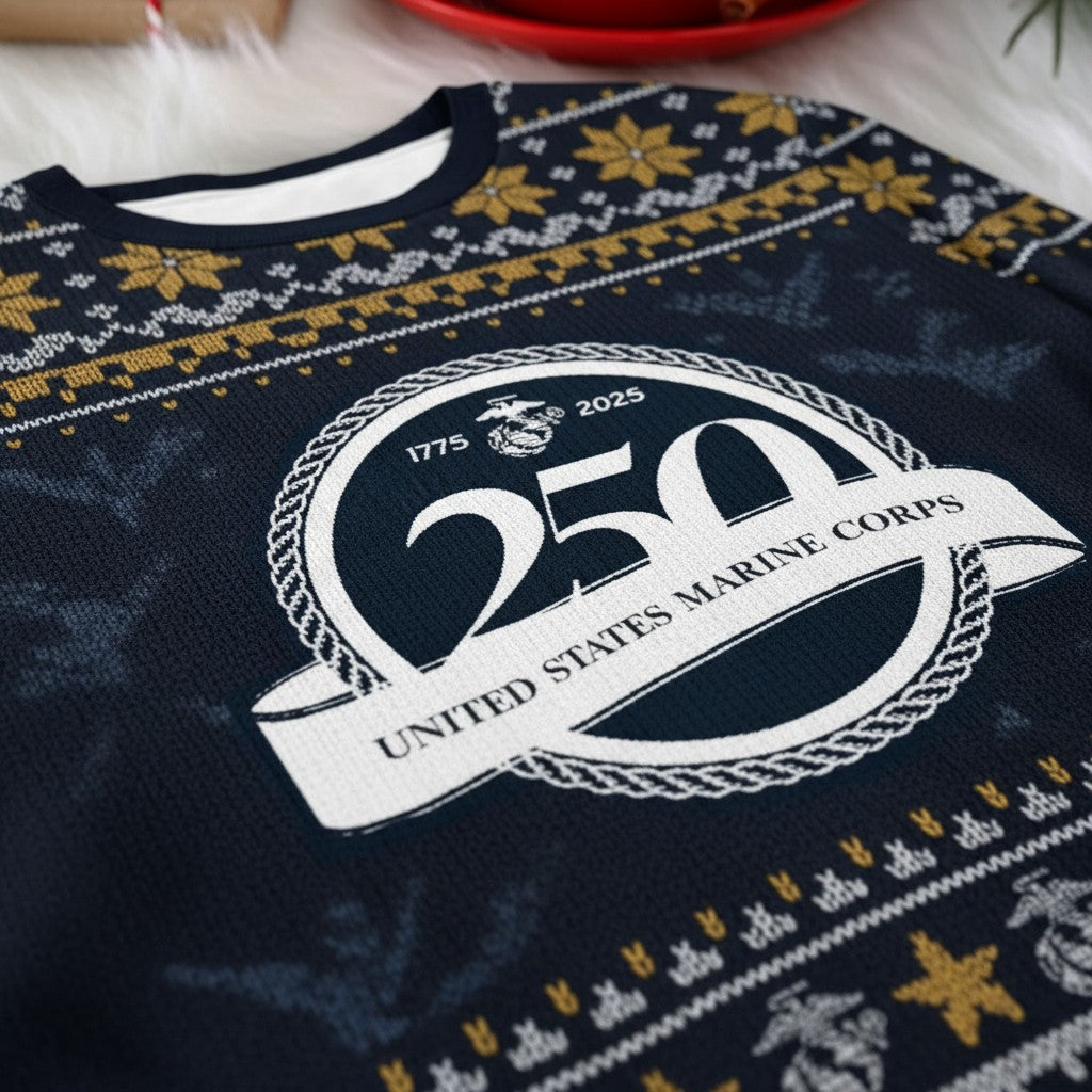 US Marine Corps Christmas Ugly Sweater - Proud Marine Veteran Holiday Pullover Gift