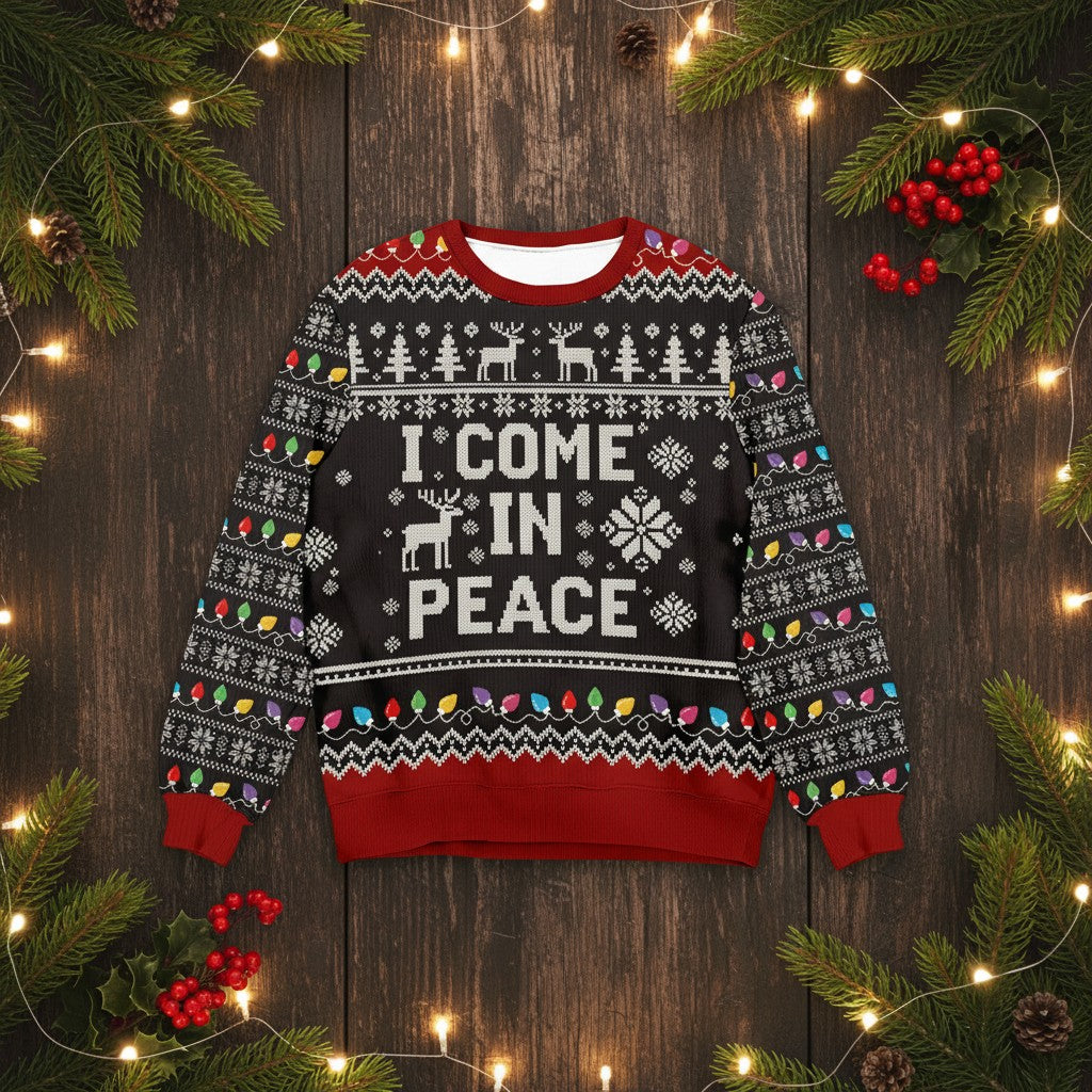 I Come In Peace Christmas Sweater – Reindeer & Lights