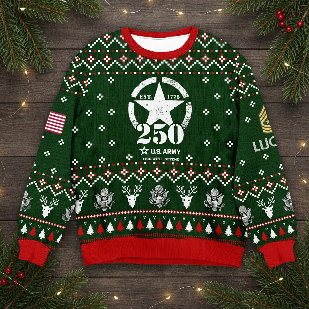 U.S. Army 250th Anniversary Ugly Christmas Sweater - Patriotic Military Veteran Holiday Gift