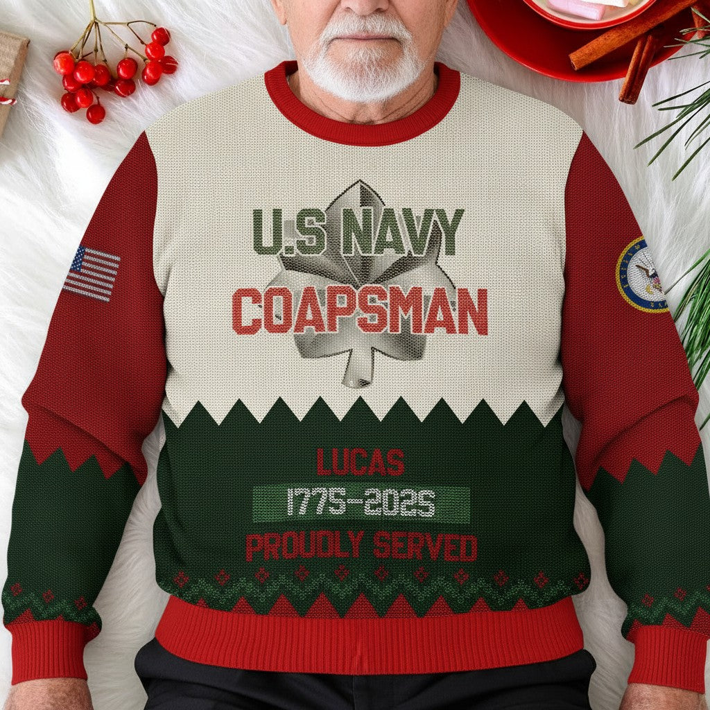 US Navy Corpsman Ugly Christmas Sweater – Personalized Military Veteran Proudly Served Gift
