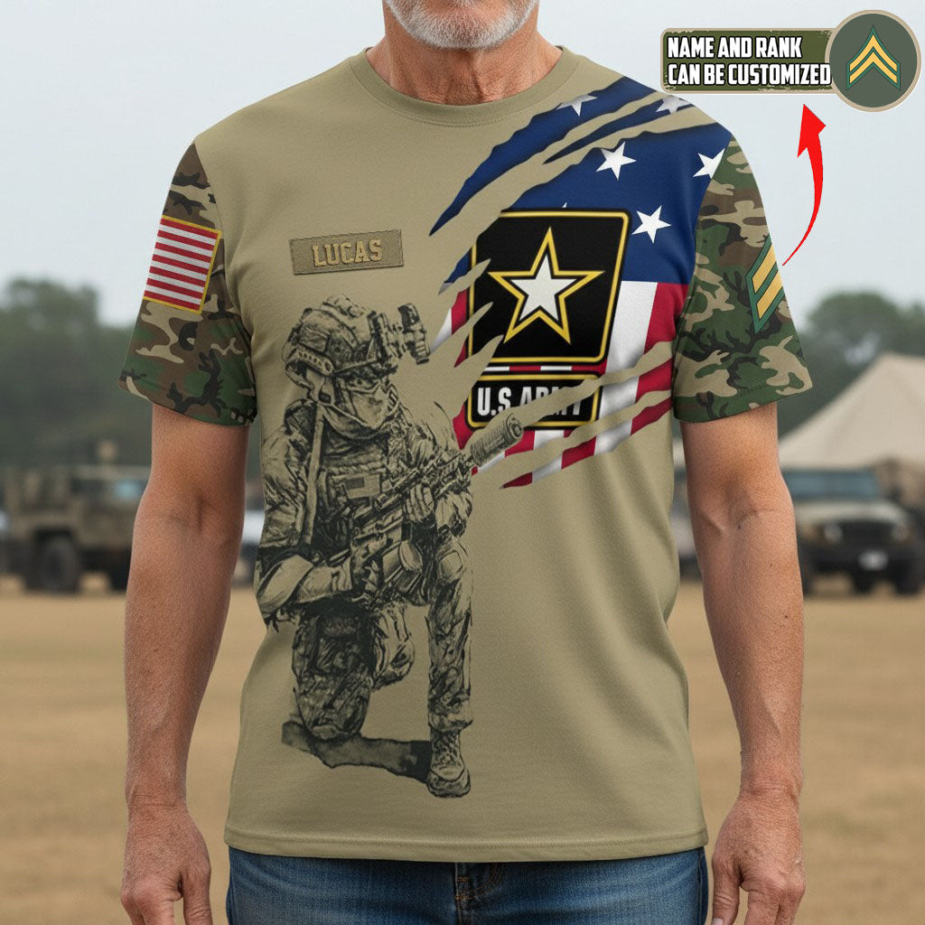 Custom U.S. Army T-Shirt with Name and Rank – Military Tactical Design, American Flag & Soldier Graphic
