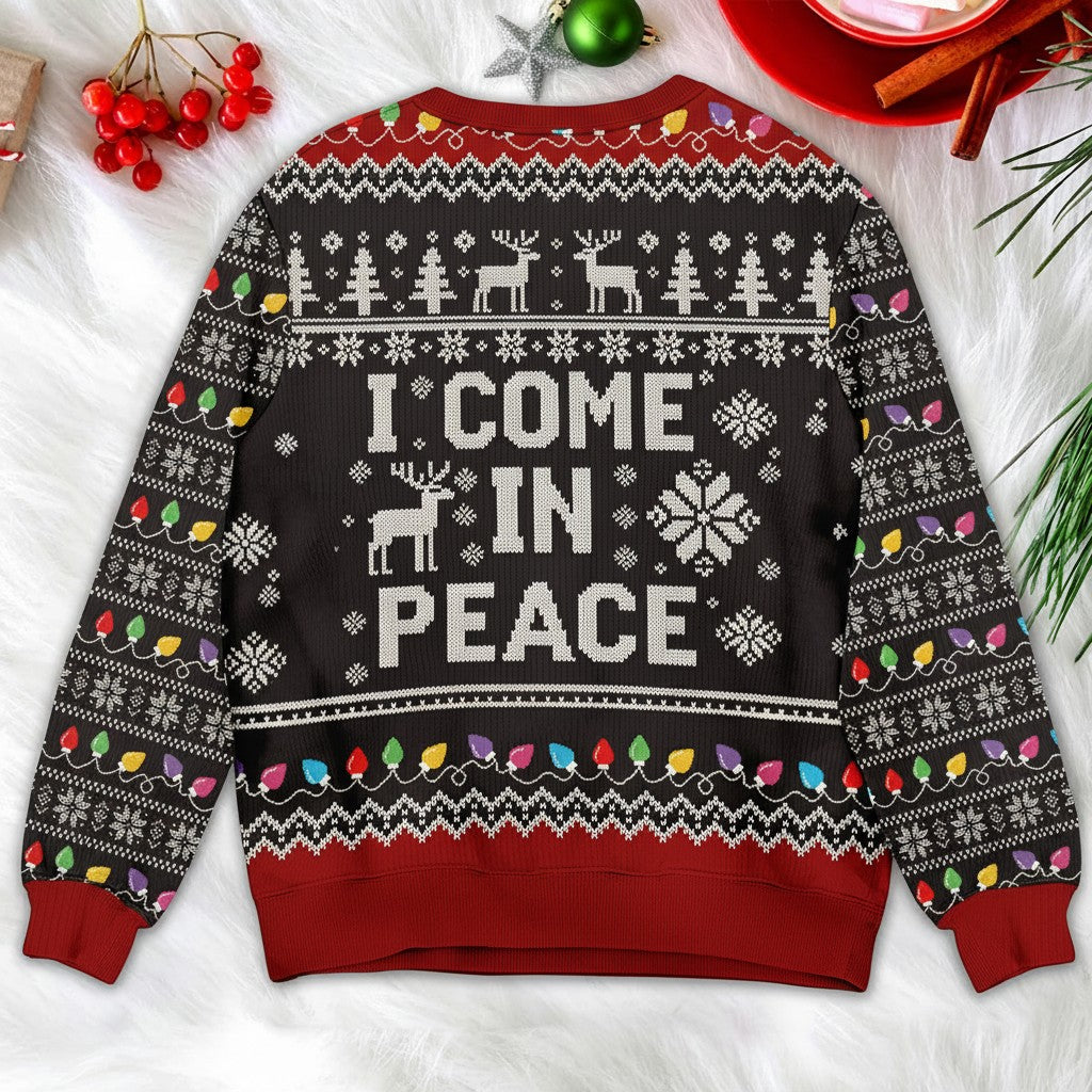 I Come In Peace Christmas Sweater – Reindeer & Lights