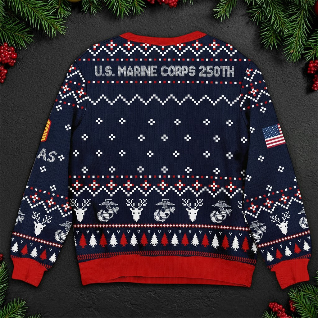 US Marine Corps 250th Anniversary Ugly Christmas Sweater – Military Veteran Holiday Gift
