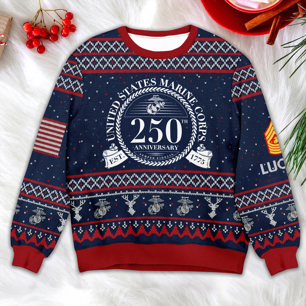 US Marine Corps 250th Anniversary Ugly Christmas Sweater - Patriotic Veteran Holiday Gift