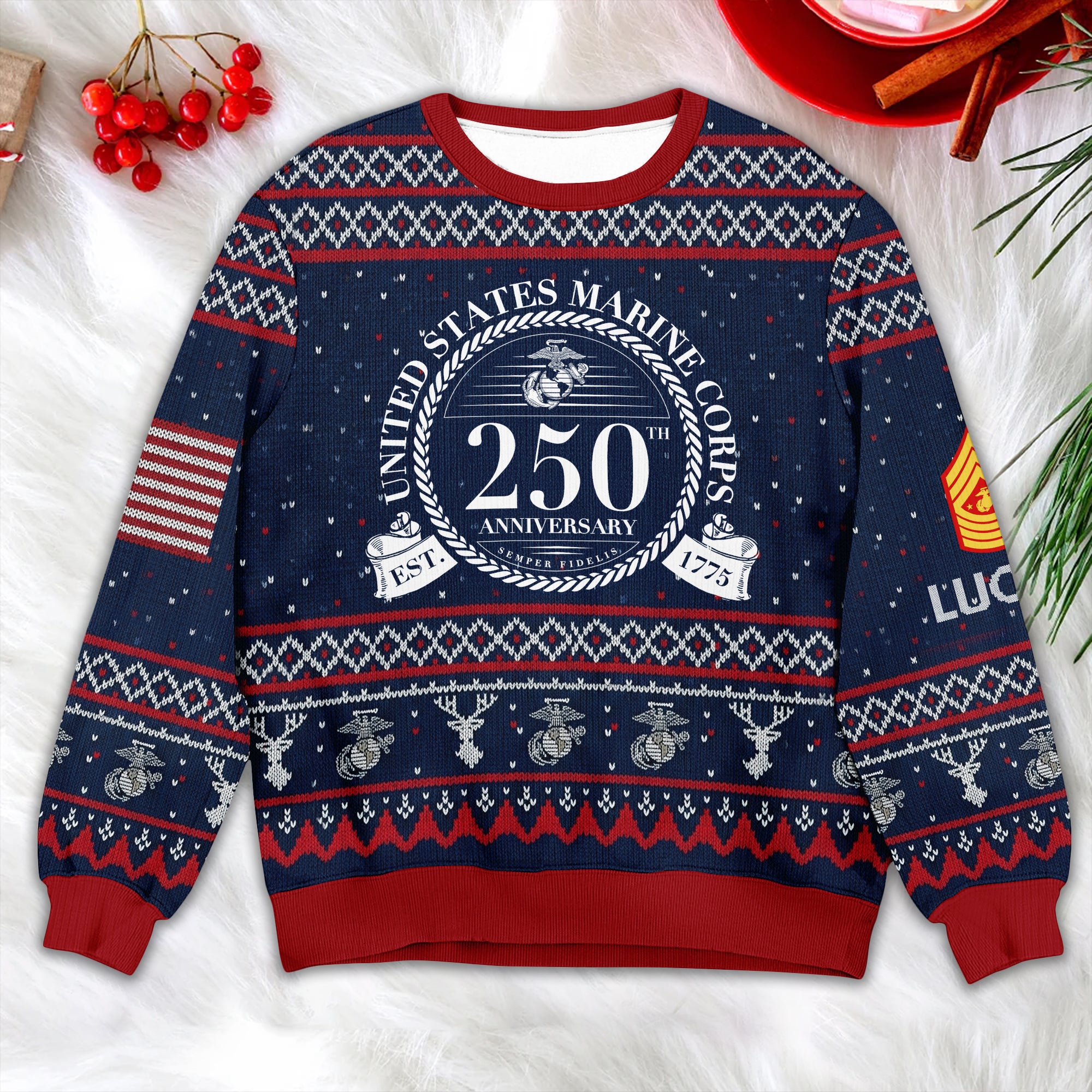 US Marine Corps 250th Anniversary Ugly Christmas Sweater - Patriotic Veteran Holiday Gift