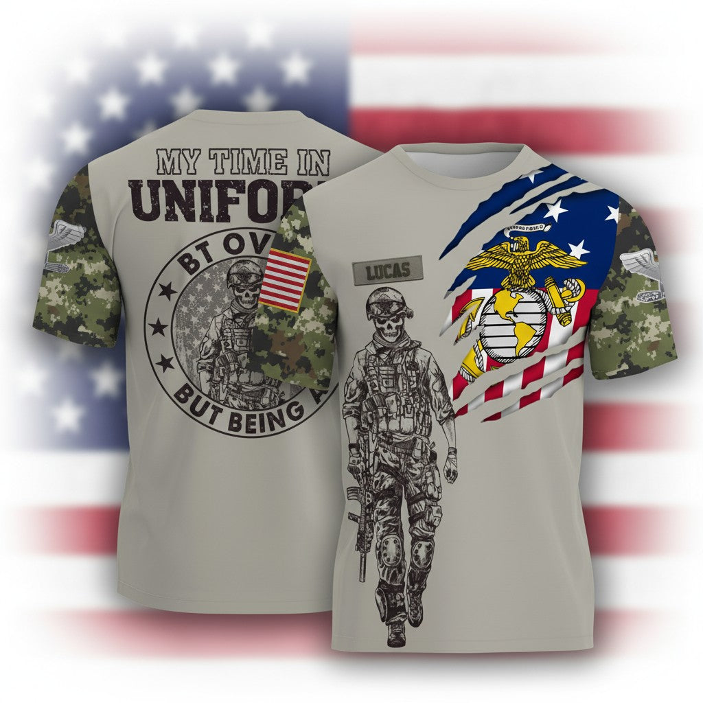 Custom U.S. Marine Veteran Shirt, Personalized Name & Rank Military Tee, American Flag Camo Soldier Shirt, Veteran Gift for Him