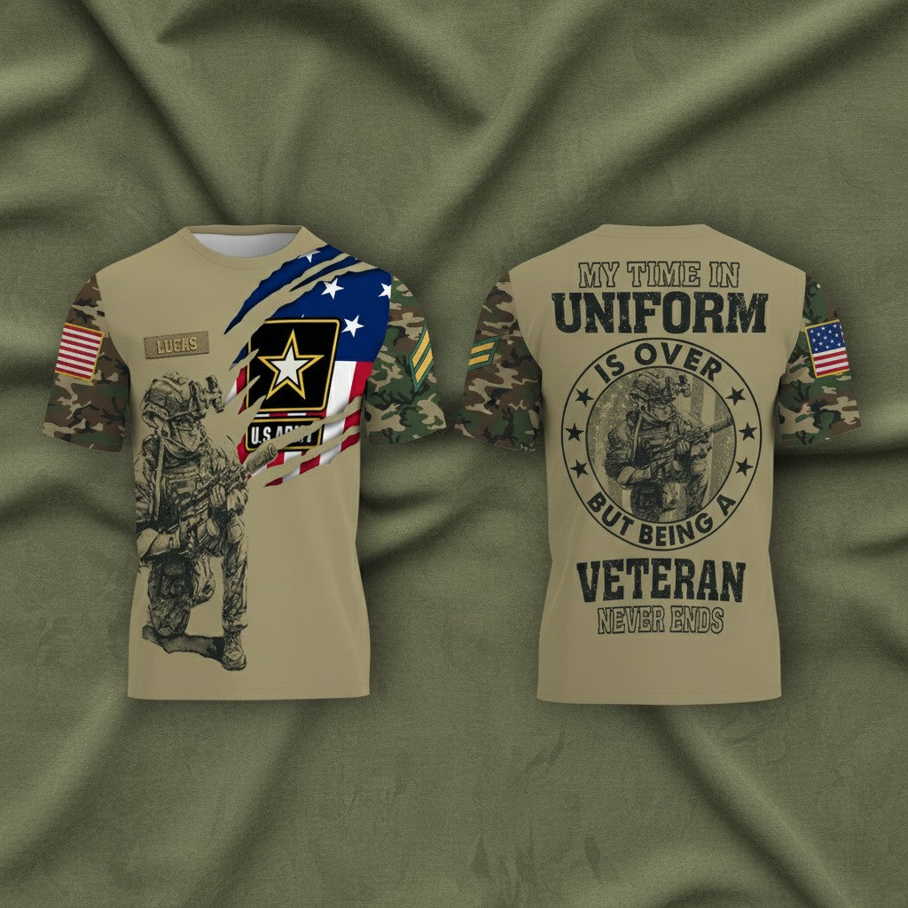 Custom U.S. Army T-Shirt with Name and Rank – Military Tactical Design, American Flag & Soldier Graphic