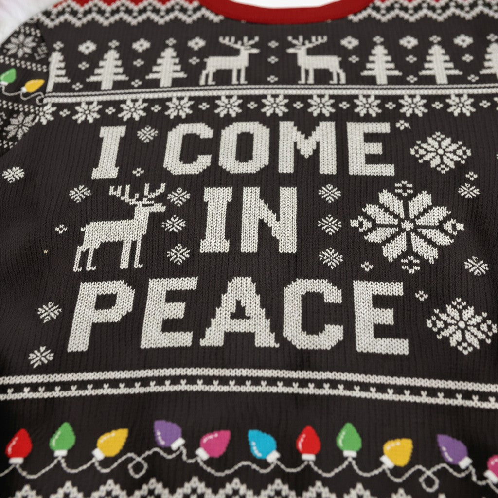 I Come In Peace Christmas Sweater – Reindeer & Lights