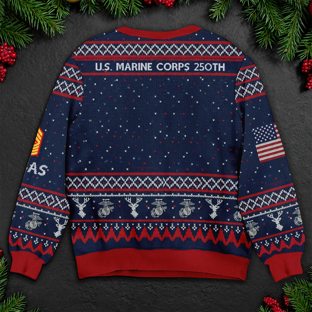US Marine Corps 250th Anniversary Ugly Christmas Sweater - Patriotic Veteran Holiday Gift