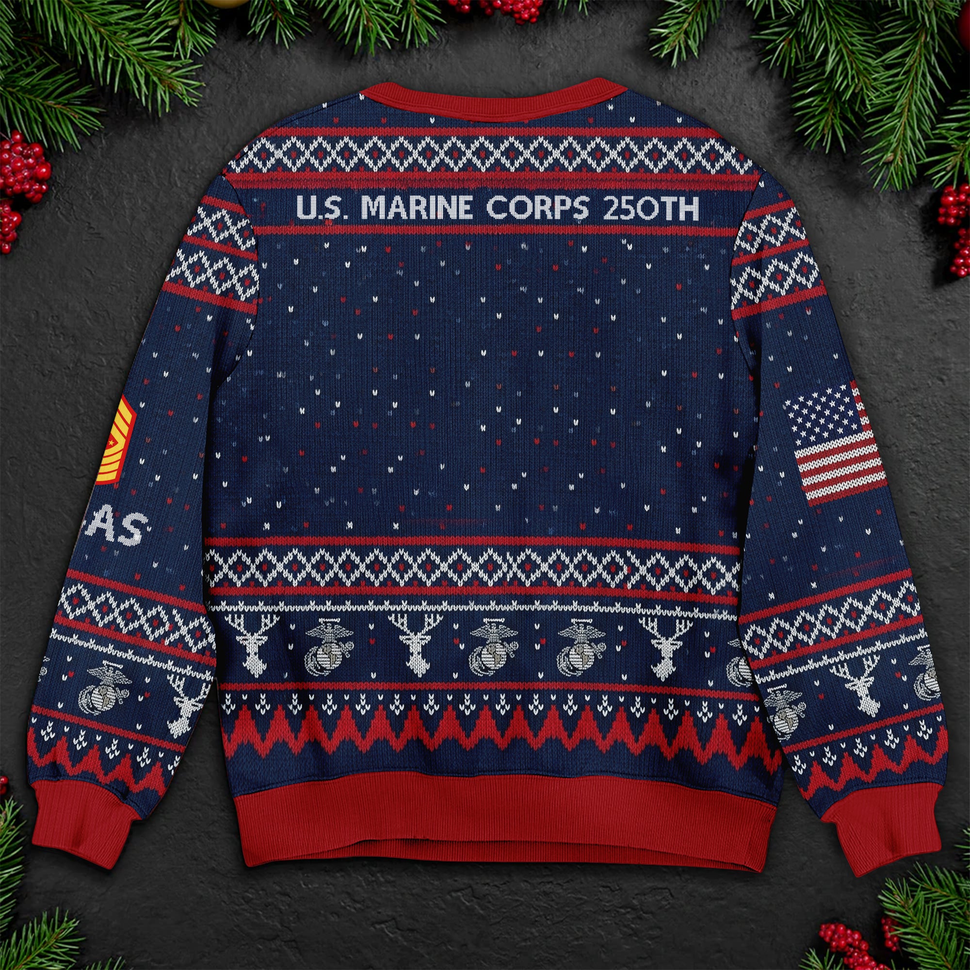 US Marine Corps 250th Anniversary Ugly Christmas Sweater - Patriotic Veteran Holiday Gift