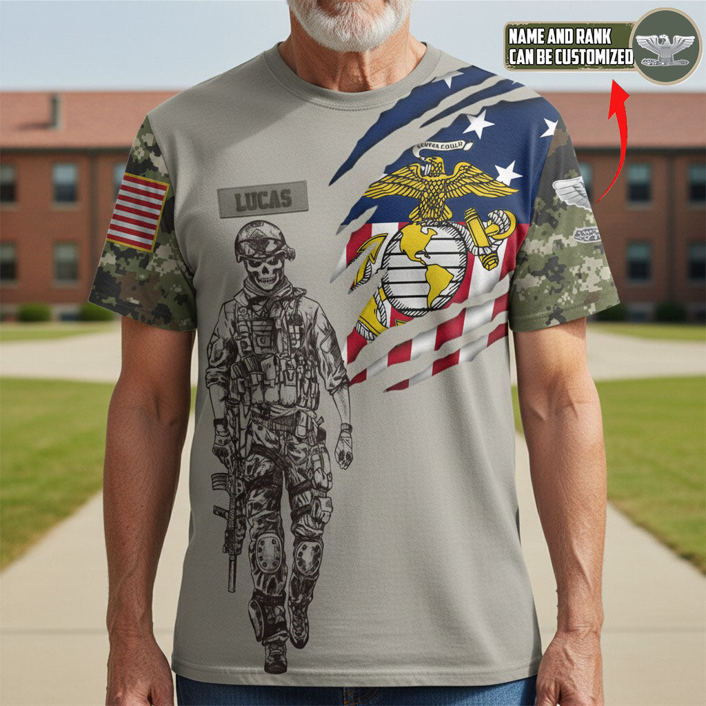 Custom U.S. Marine Veteran Shirt, Personalized Name & Rank Military Tee, American Flag Camo Soldier Shirt, Veteran Gift for Him