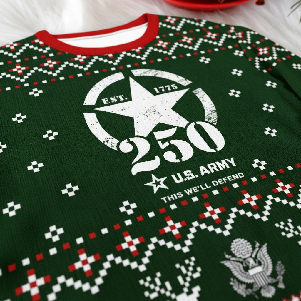 U.S. Army 250th Anniversary Ugly Christmas Sweater - Patriotic Military Veteran Holiday Gift