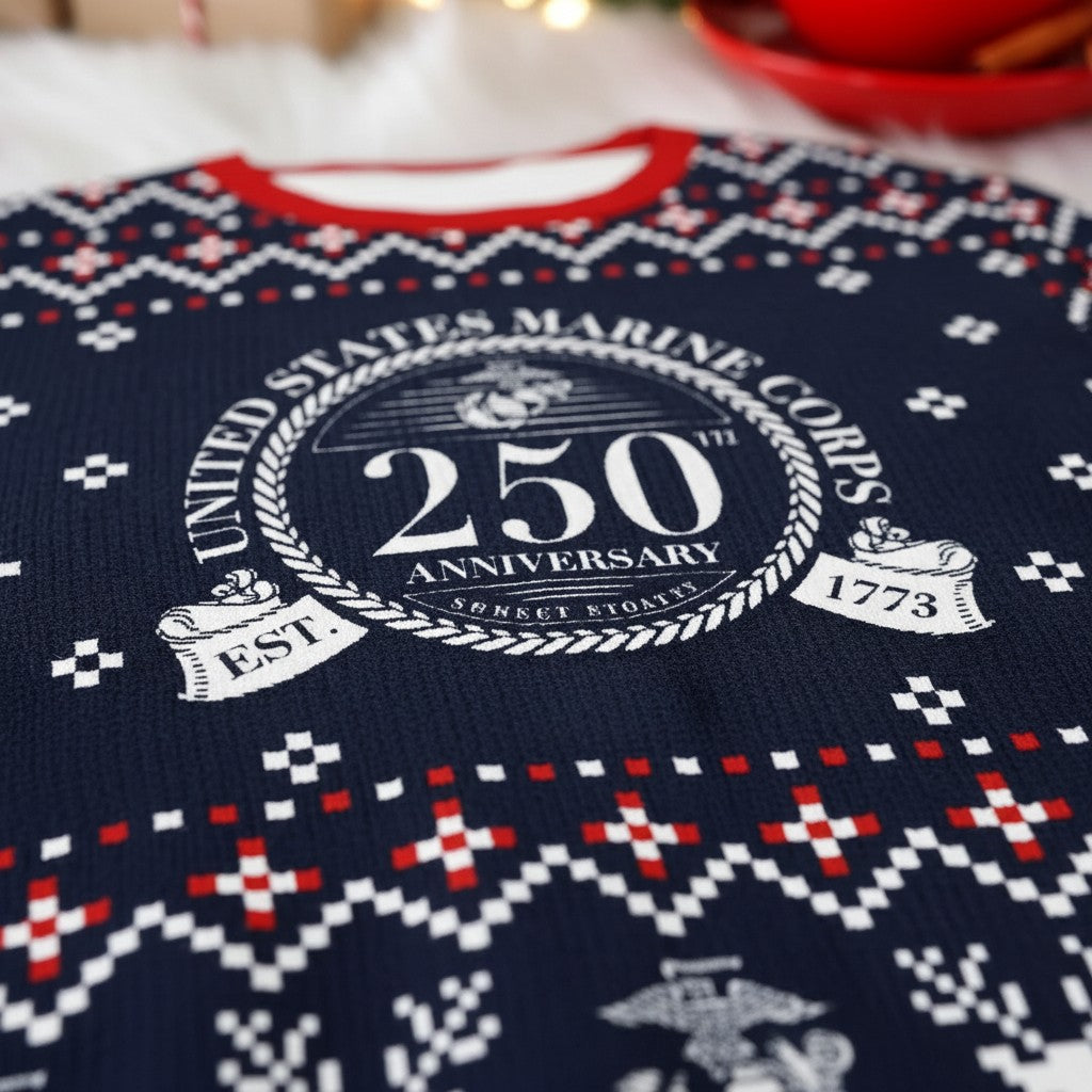 US Marine Corps 250th Anniversary Ugly Christmas Sweater – Military Veteran Holiday Gift