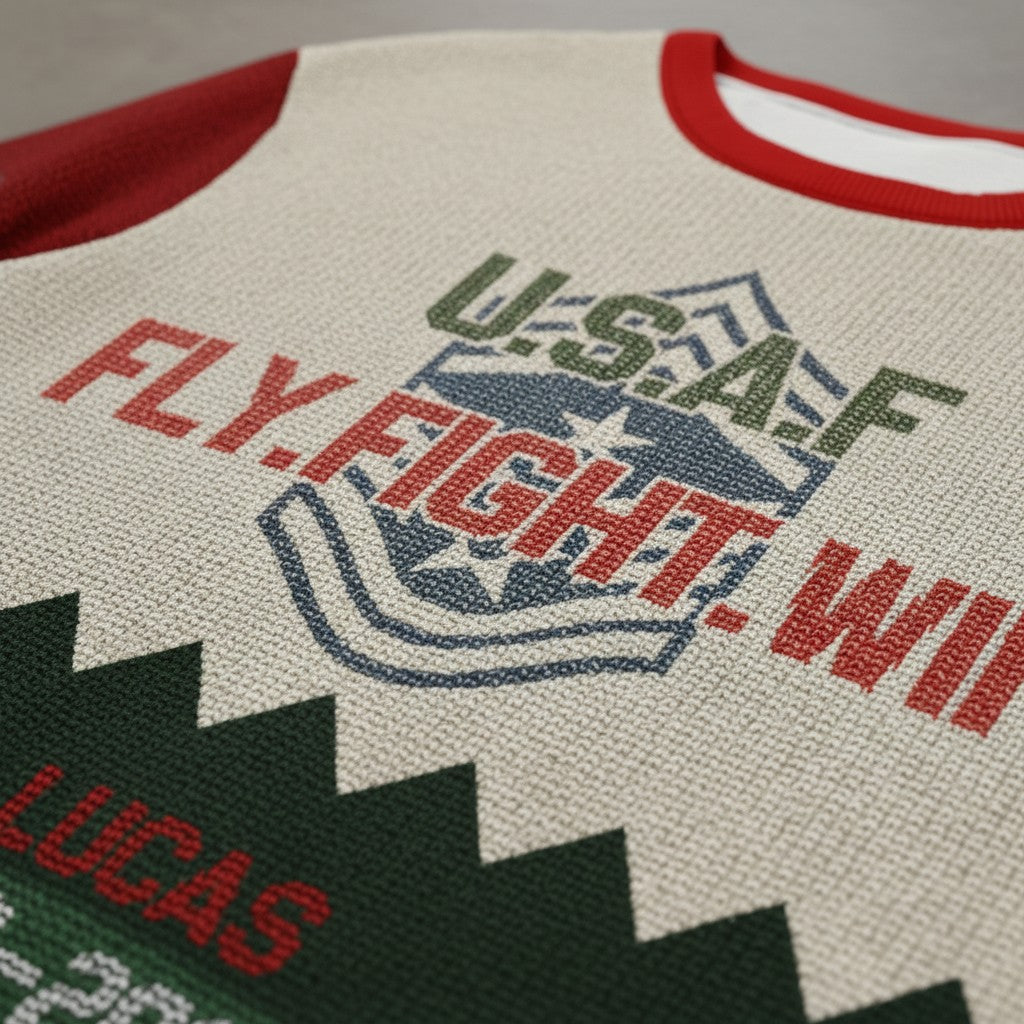 USAF Fly Fight Win Ugly Christmas Sweater – Personalized Air Force Veteran Federal Service Gift