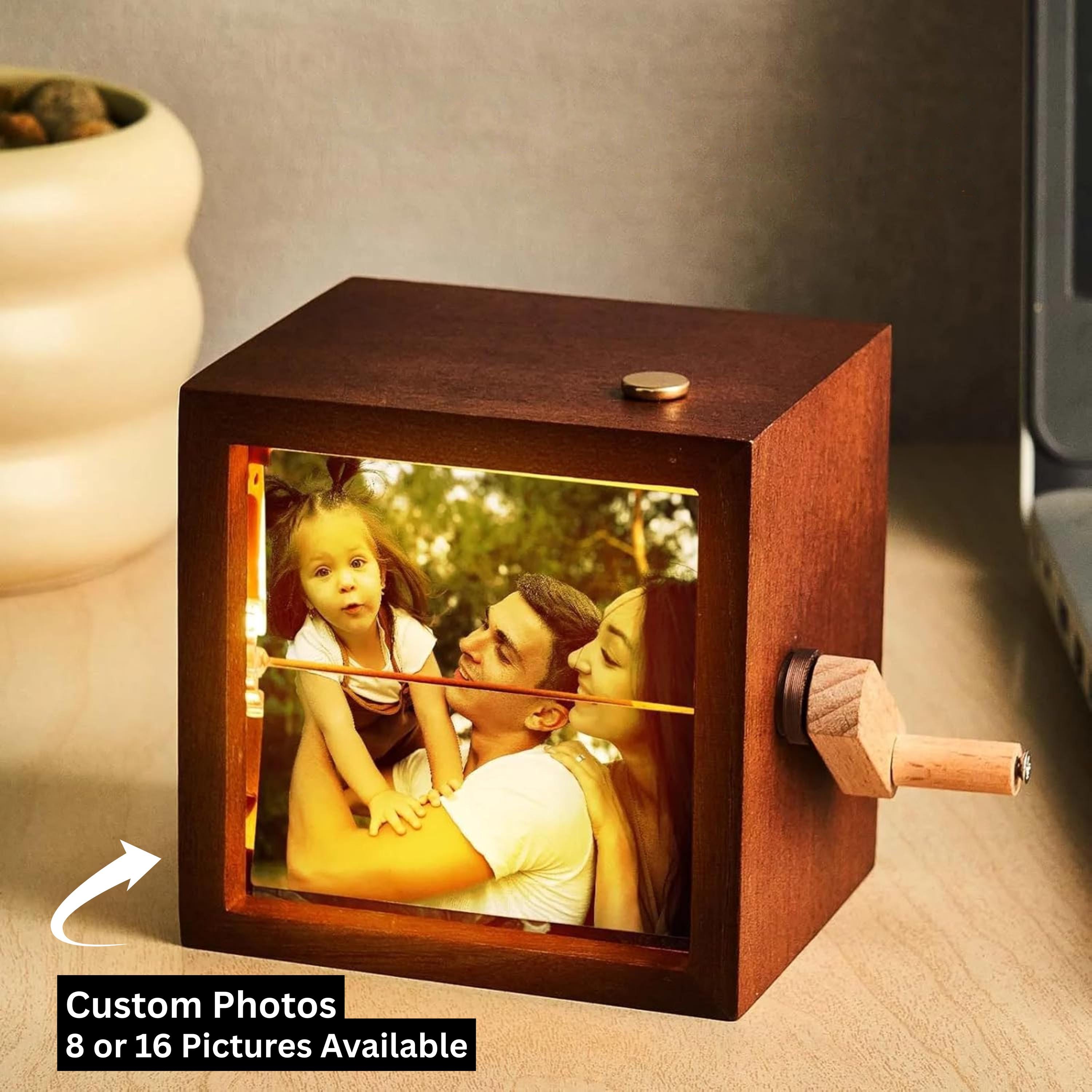 Custom 8 or 16 Photos Flipbook Box with Light, Flipbook Album Custom Wooden Animation Gift for Anniversary, Wedding, Birthday, Mom or Couple